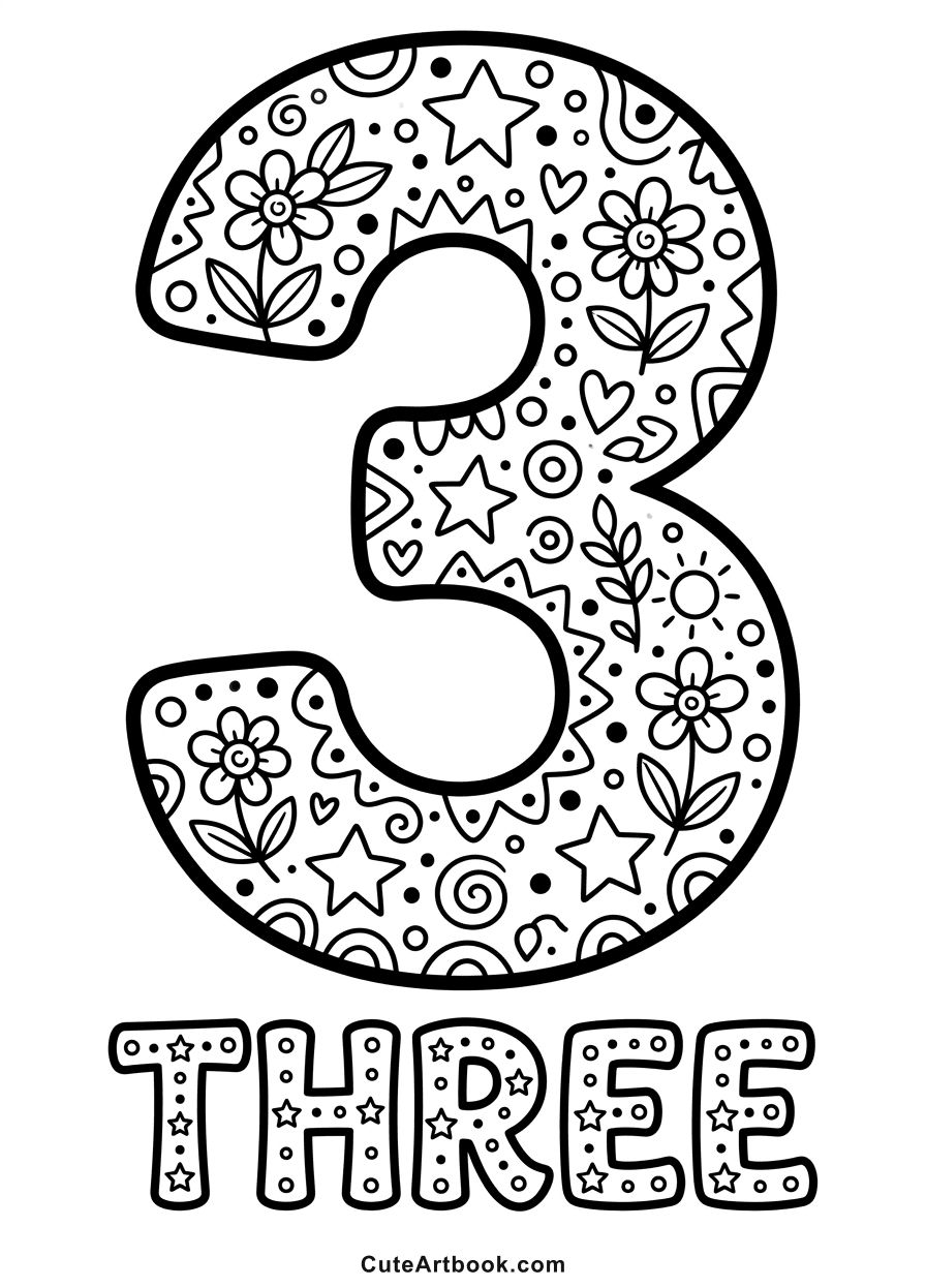Free printable Three coloring page — black and white line art