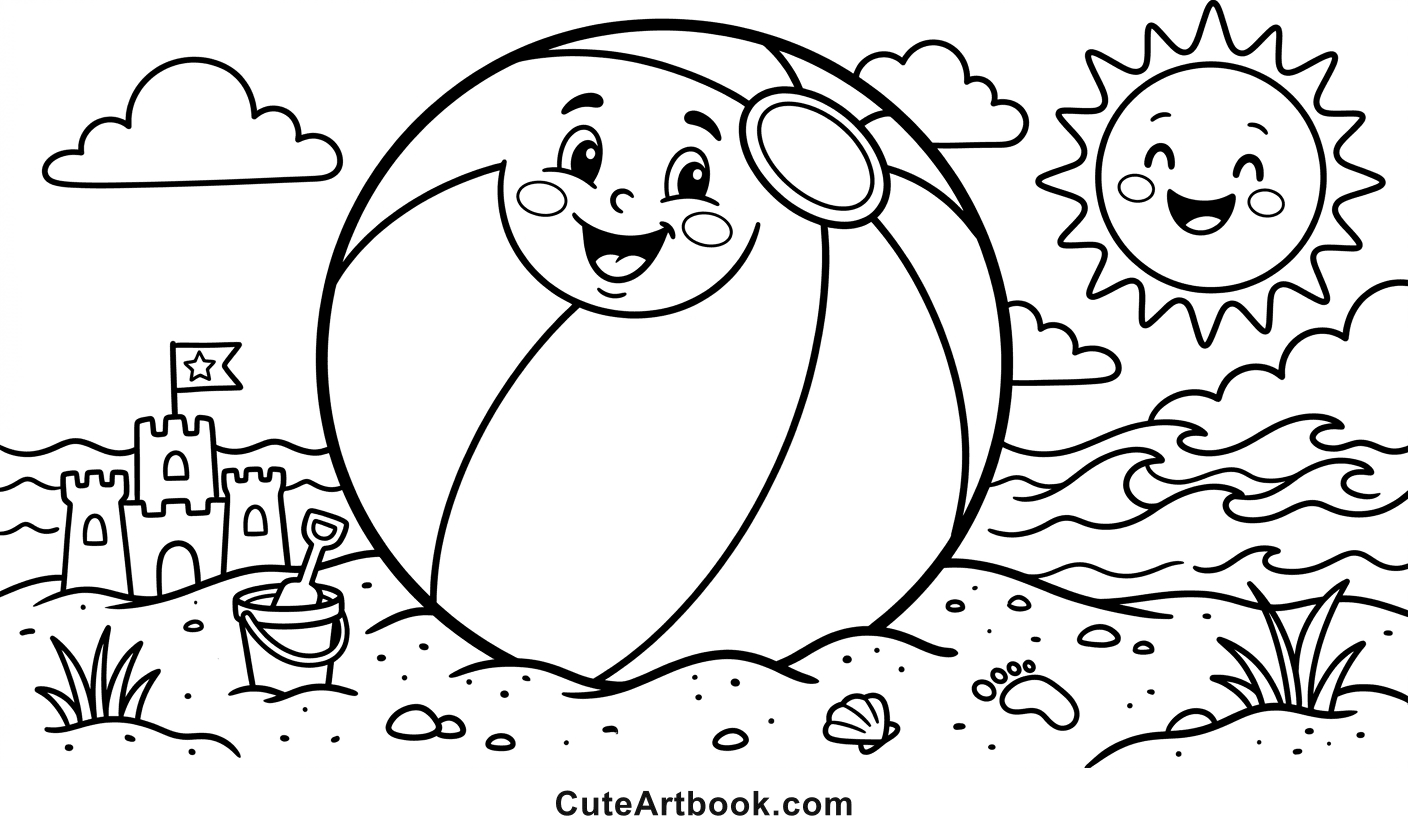 Free printable Beach Ball coloring page — black and white line art