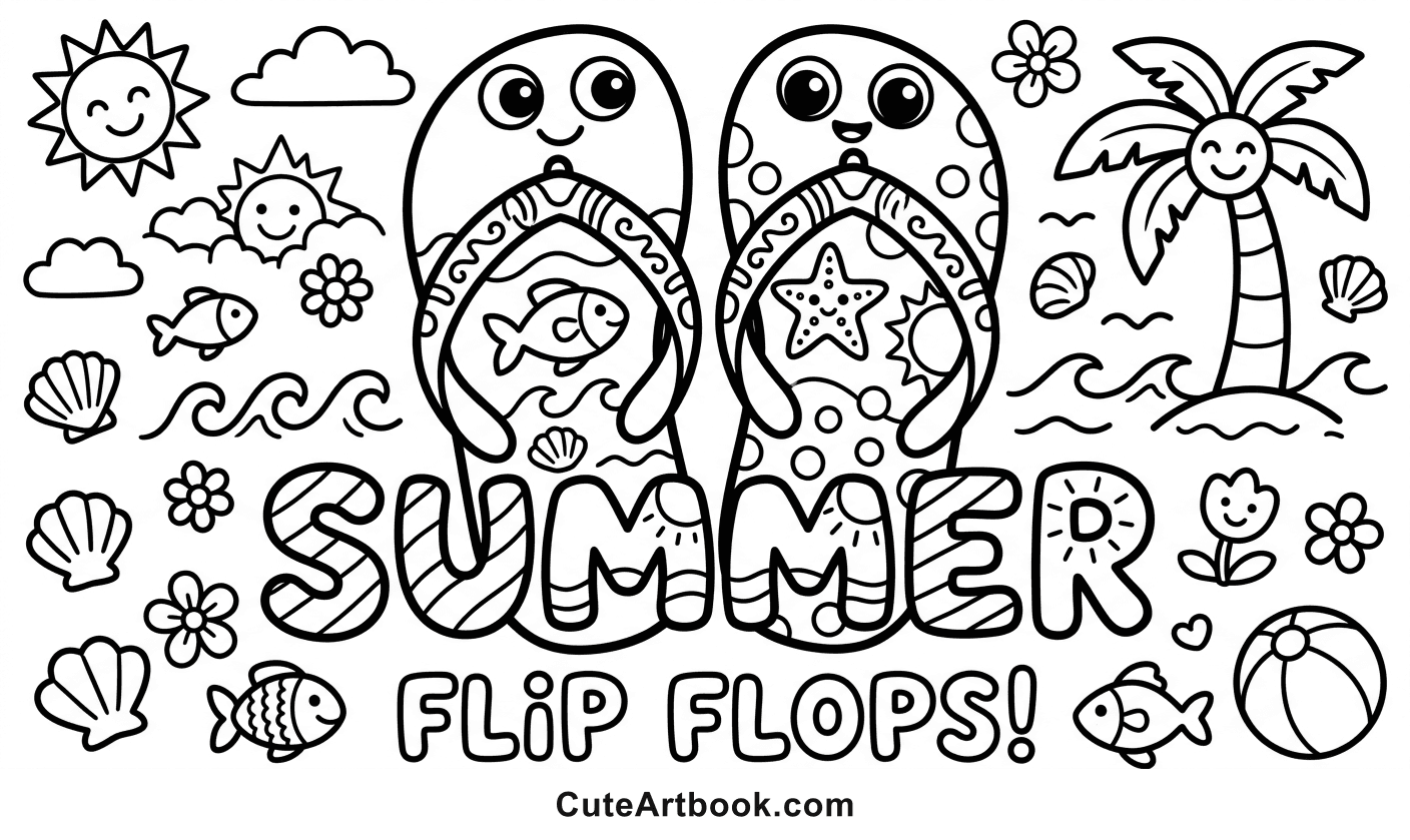 Free printable Flip Flops coloring page — black and white line art
