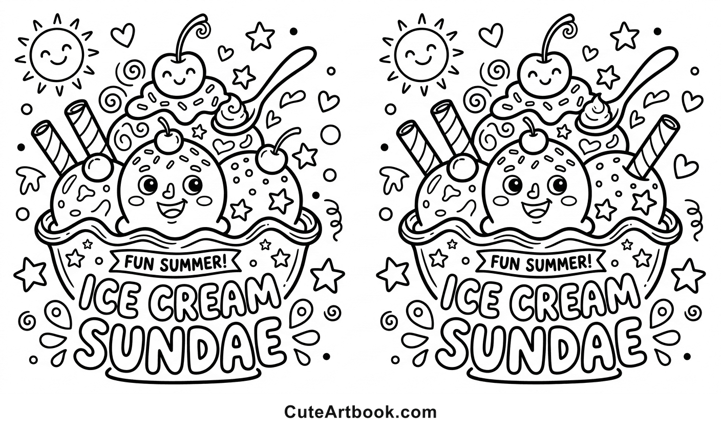 Free printable Ice Cream Sundae coloring page — black and white line art