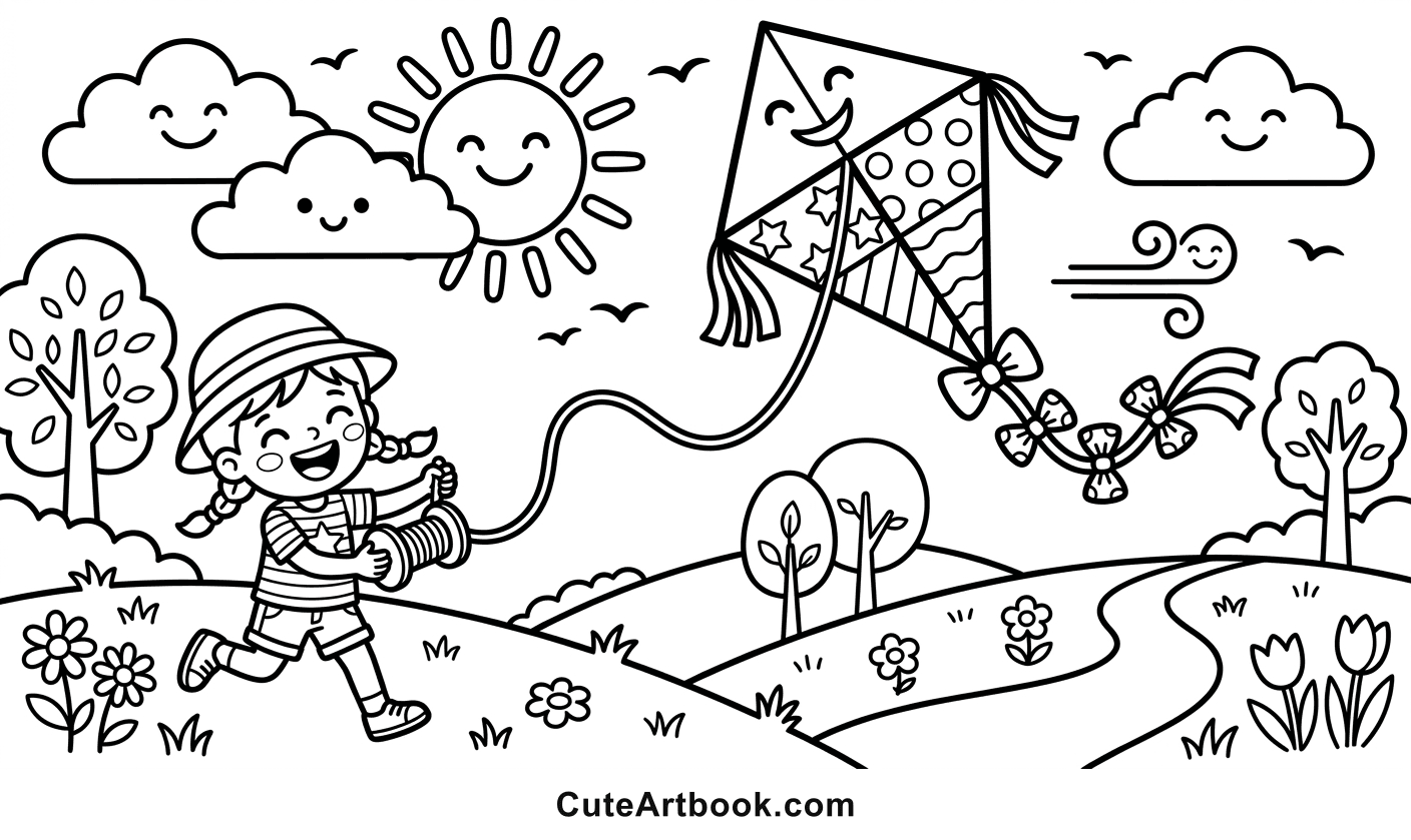 Free printable Kite coloring page — black and white line art