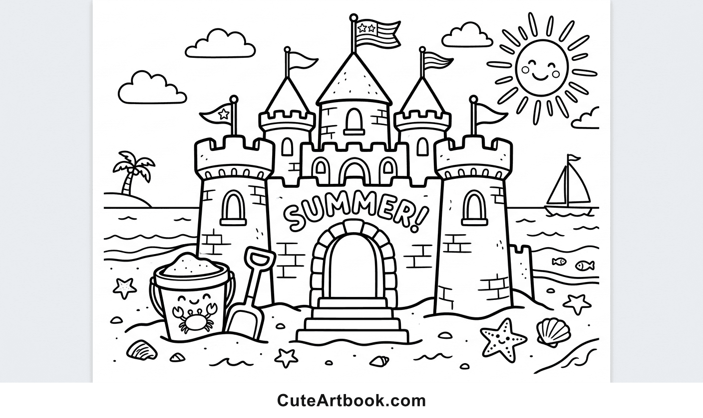 Free printable Sand Castle coloring page — black and white line art