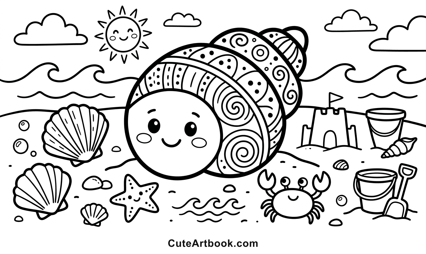 Free printable Seashell coloring page — black and white line art