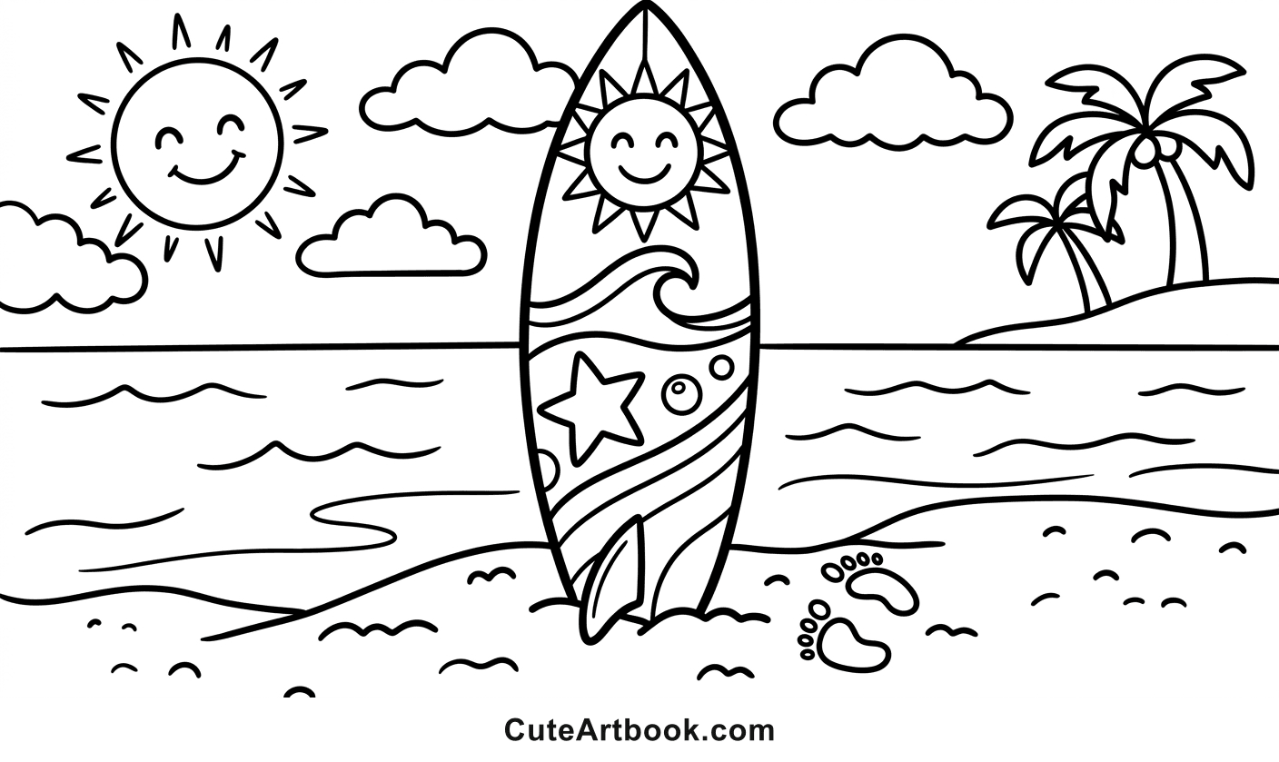 Free printable Surfboard coloring page — black and white line art