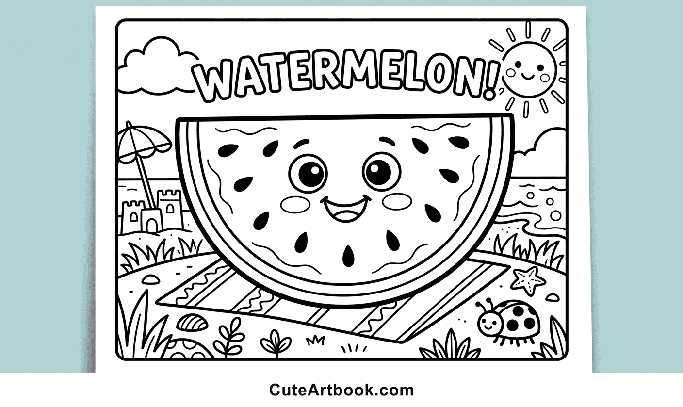 Free printable Watermelon Slice coloring page — black and white line art