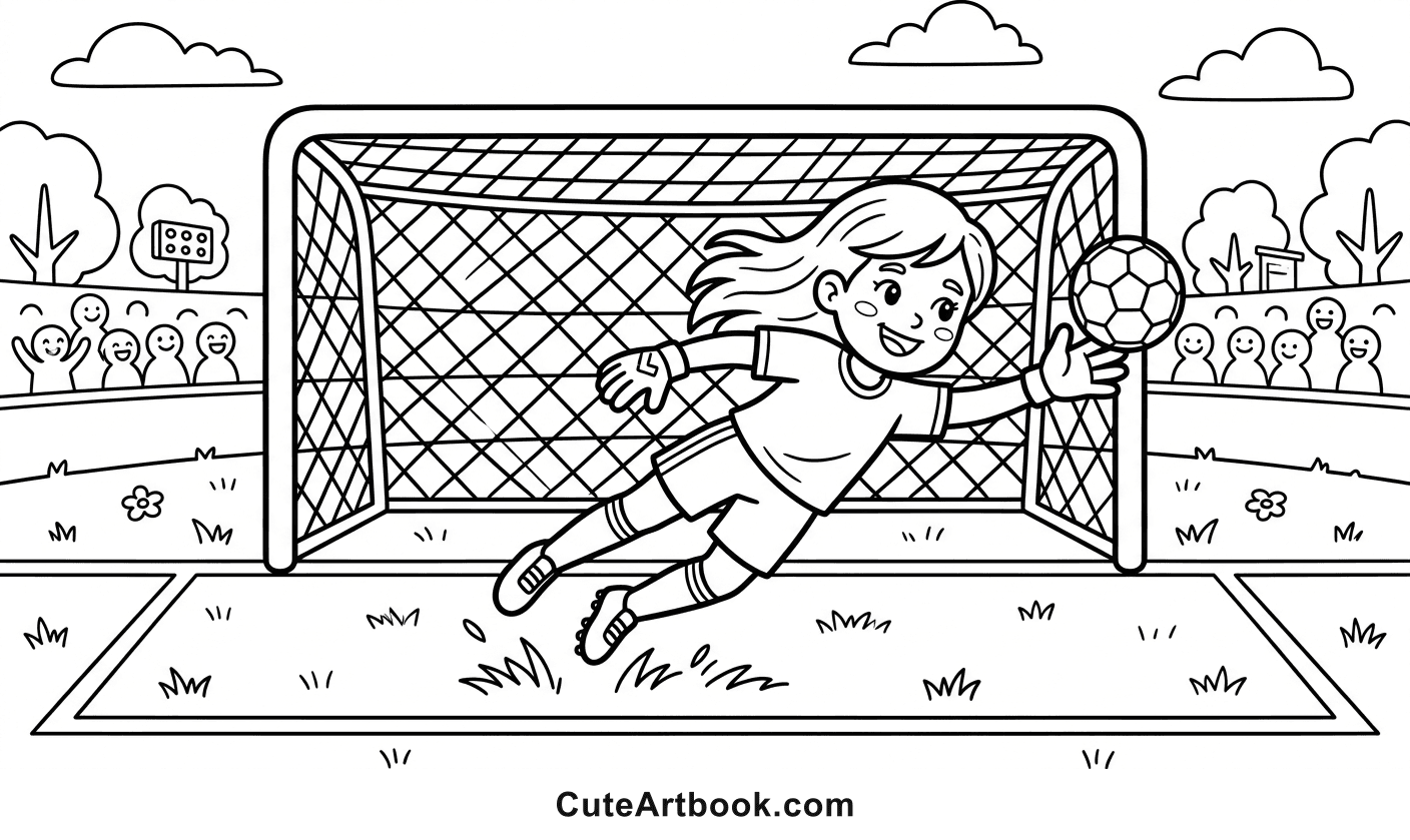 Free printable Goalkeeper coloring page — black and white line art