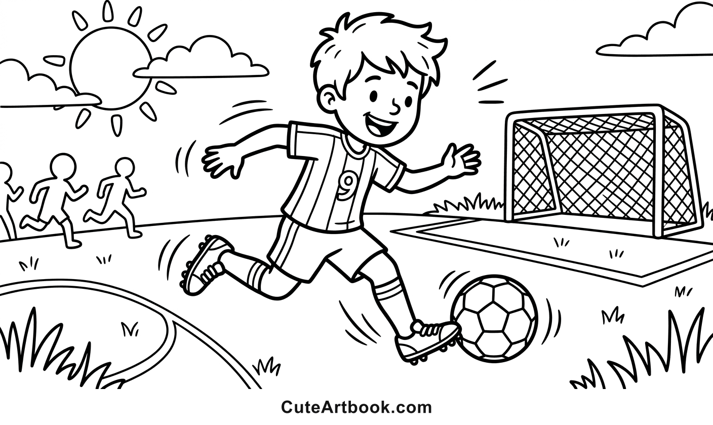 Free printable Soccer Player coloring page — black and white line art