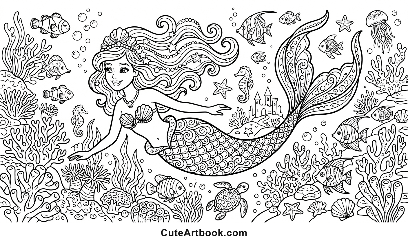 Free printable Mermaid coloring page — black and white line art
