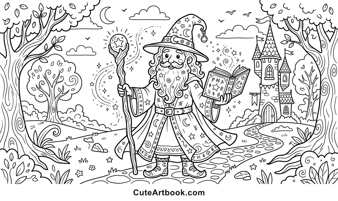 Free printable Wizard coloring page — black and white line art