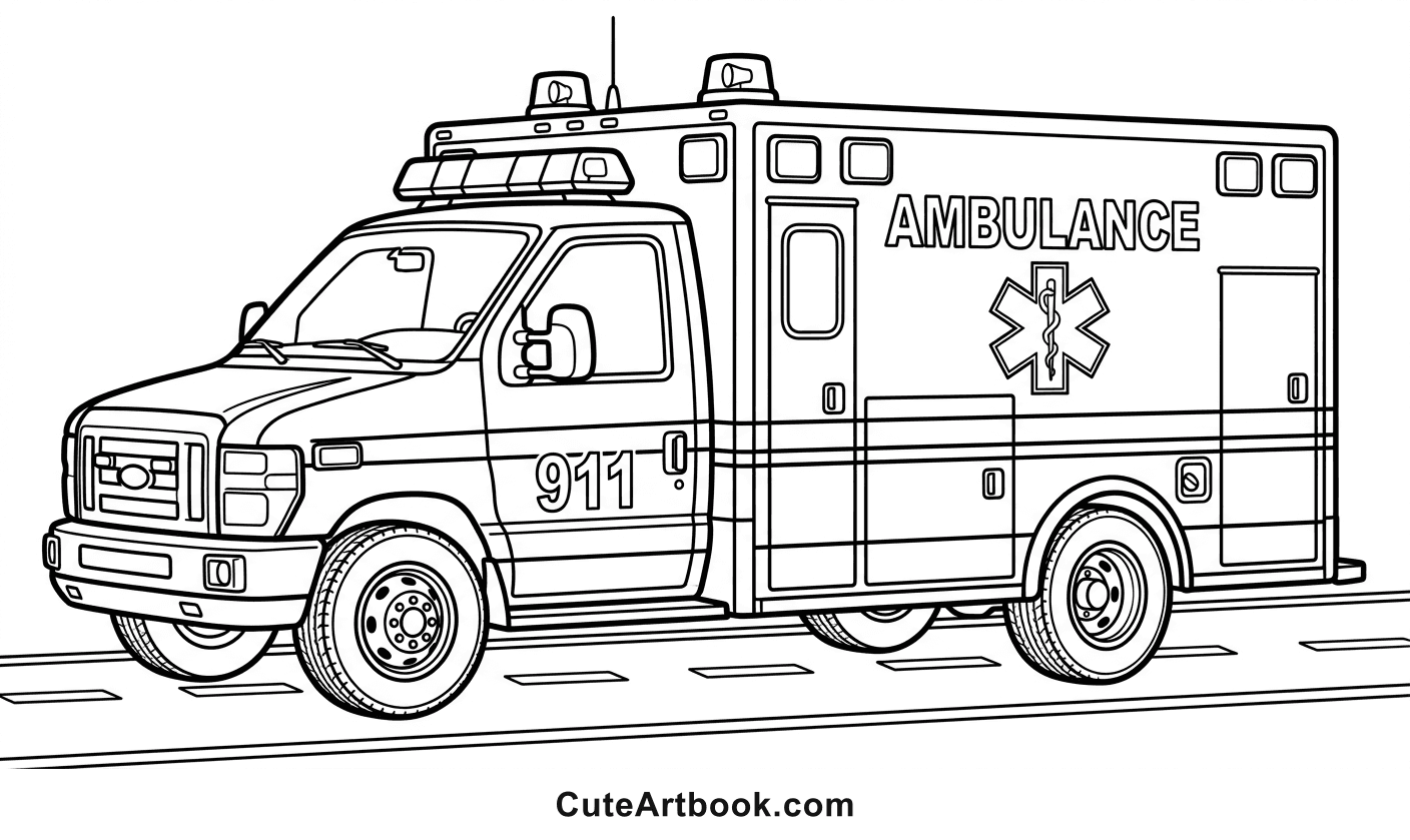 Free printable Ambulance coloring page — black and white line art