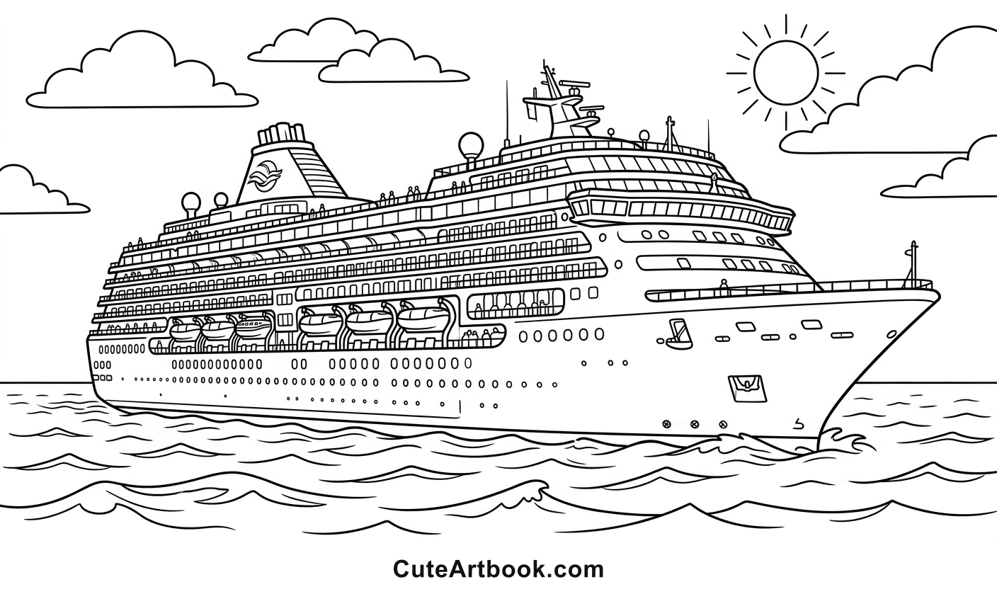 Free printable Cruise Ship coloring page — black and white line art