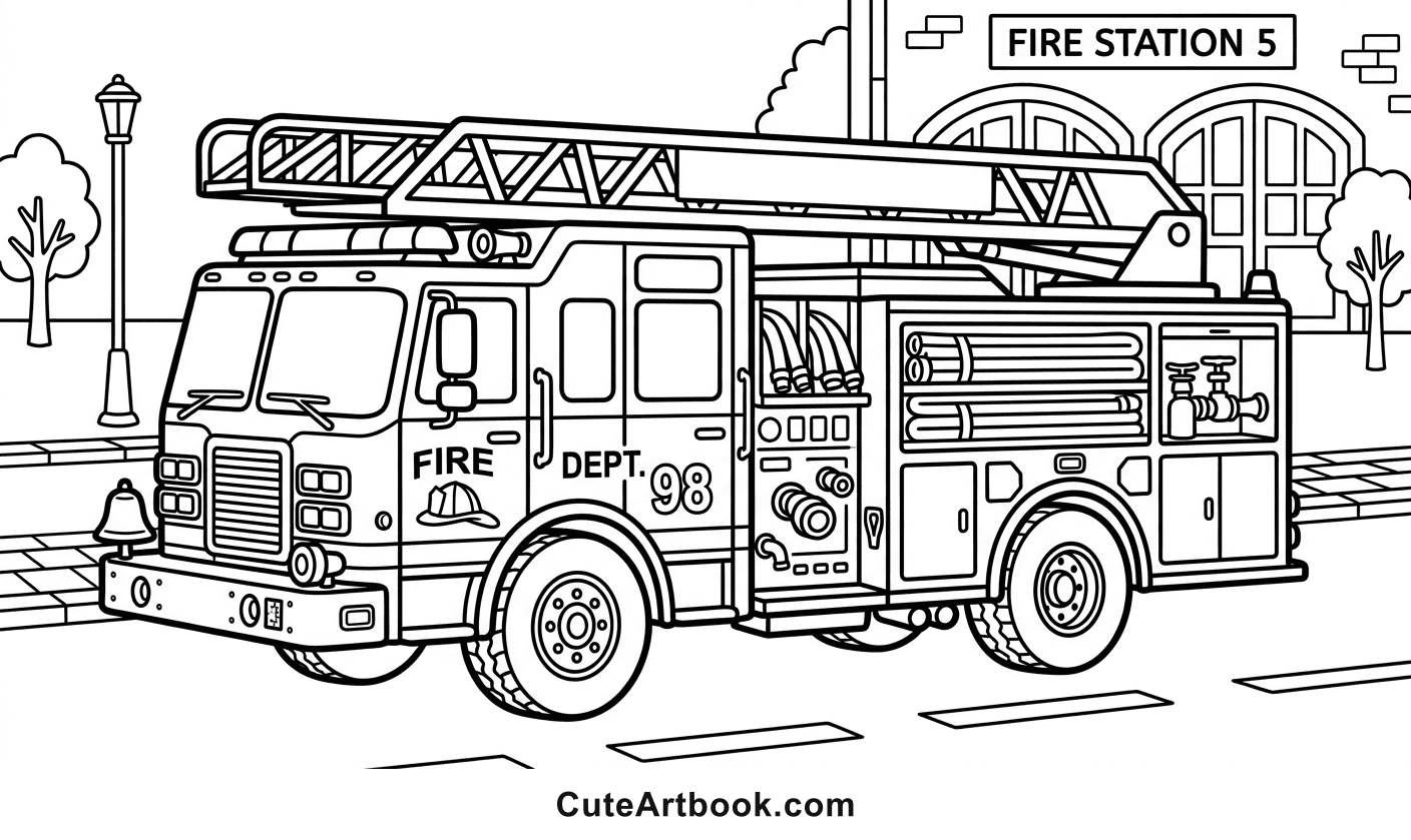 Free printable Fire Truck coloring page — black and white line art