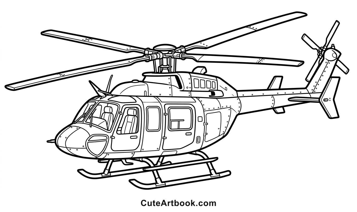 Free printable Helicopter coloring page — black and white line art
