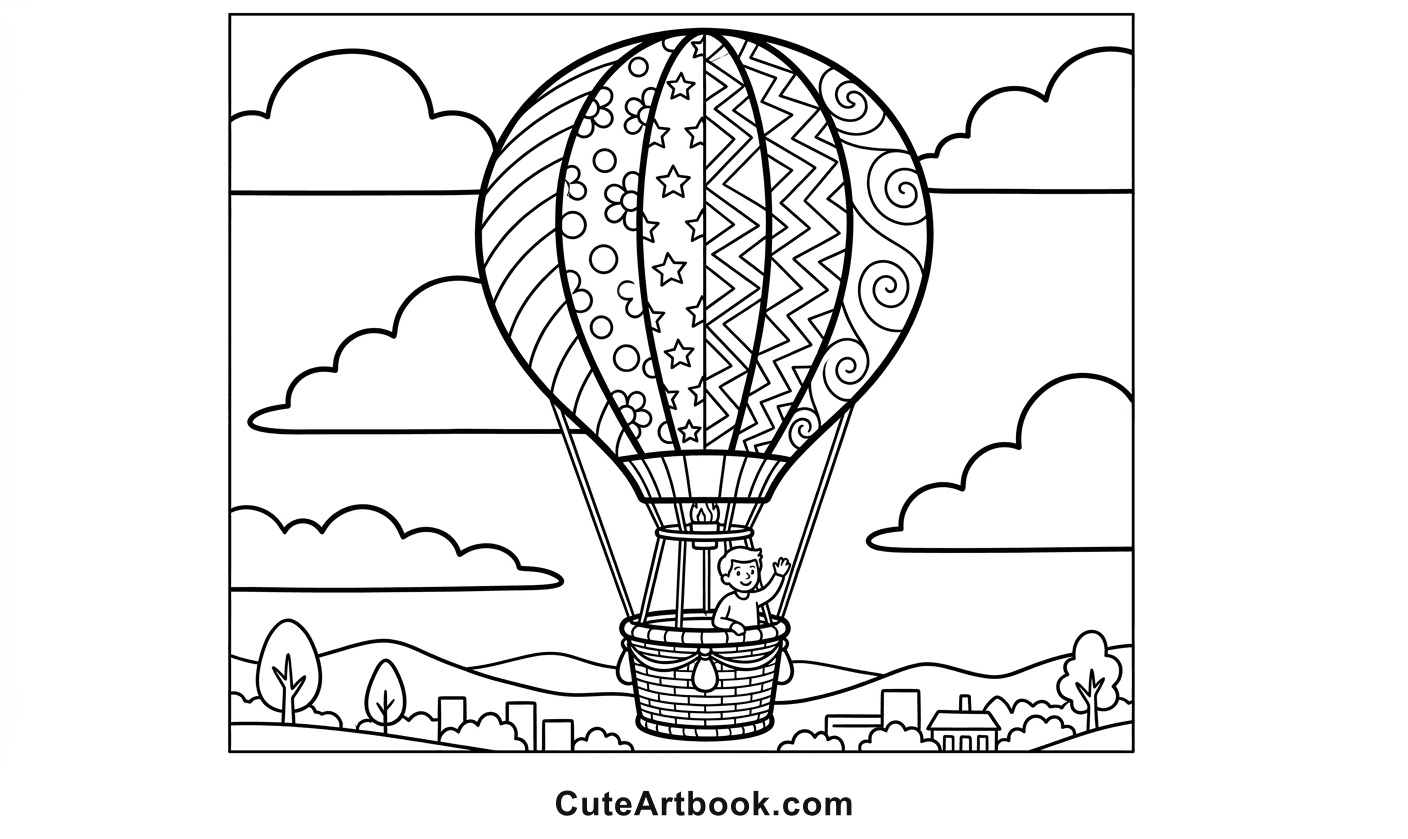 Free printable Hot Air Balloon coloring page — black and white line art