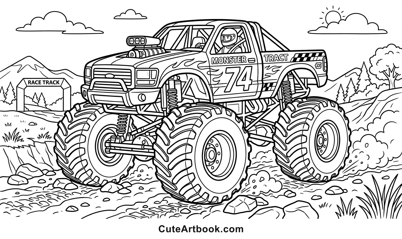 Free printable Monster Truck coloring page — black and white line art