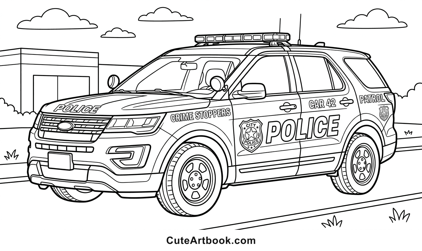 Free printable Police Car coloring page — black and white line art
