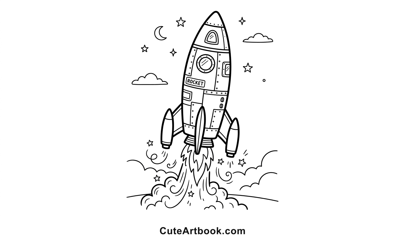 Free printable Rocket coloring page — black and white line art