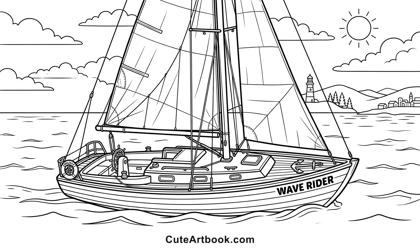 Free printable Sailboat coloring page — black and white line art