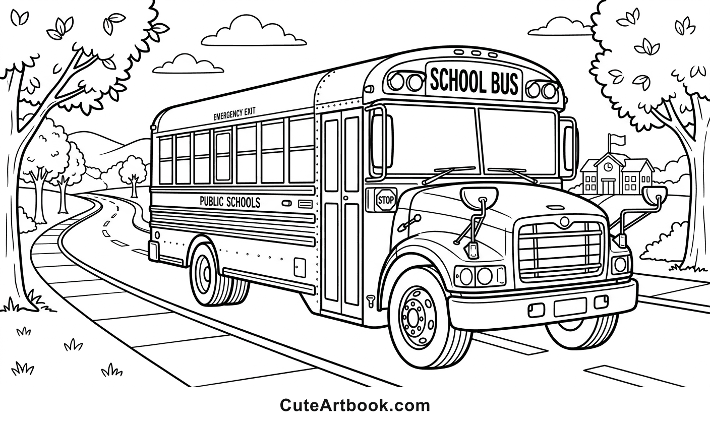 Free printable School Bus coloring page — black and white line art