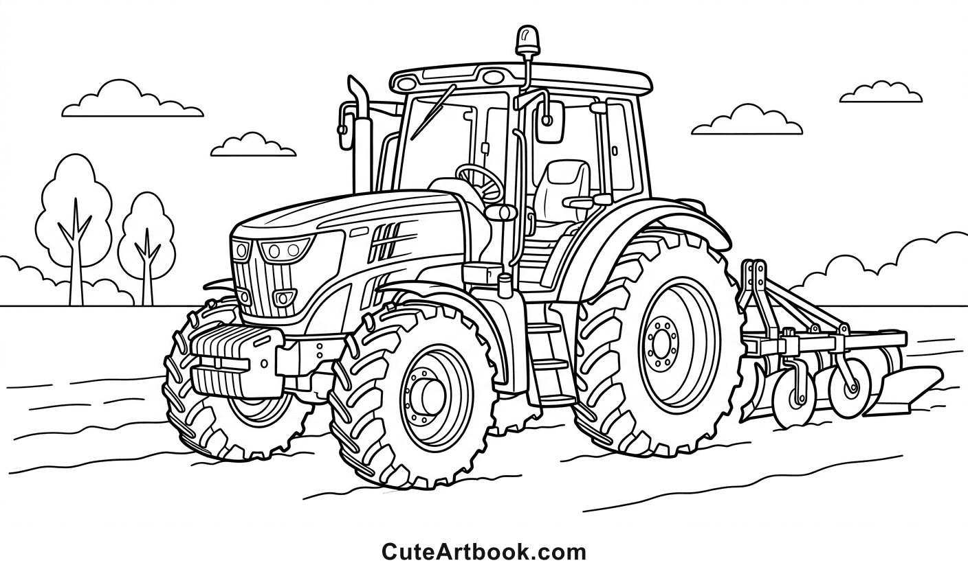 Free printable Tractor coloring page — black and white line art