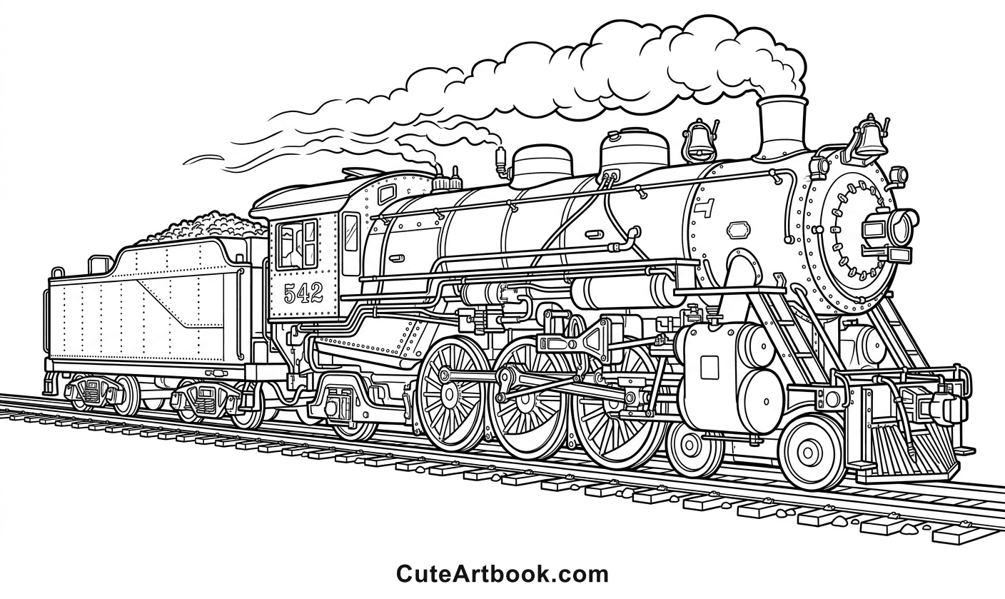 Free printable Train coloring page — black and white line art
