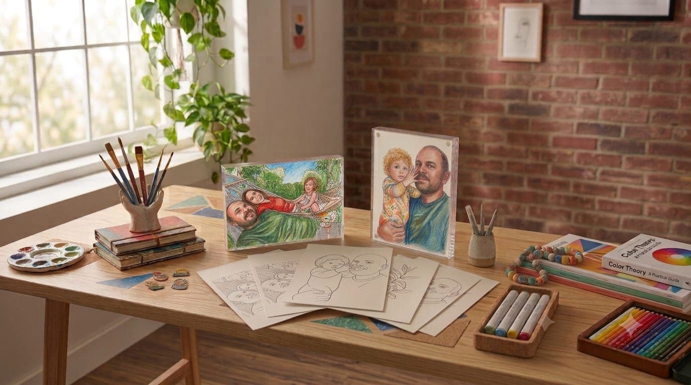 Coloring postcards made from family photos with two acrylic frames on a desk