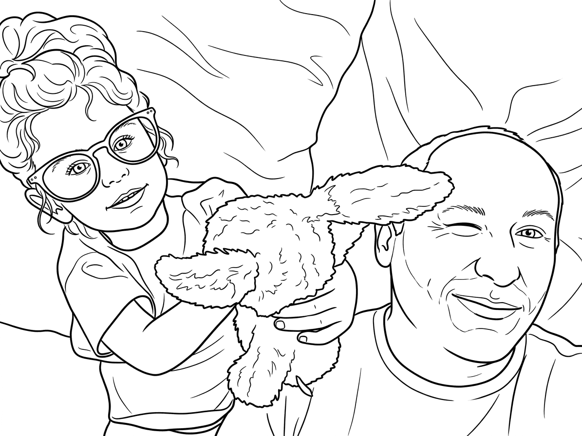 Coloring postcard made from a family photo — a girl holding a stuffed bunny next to her dad