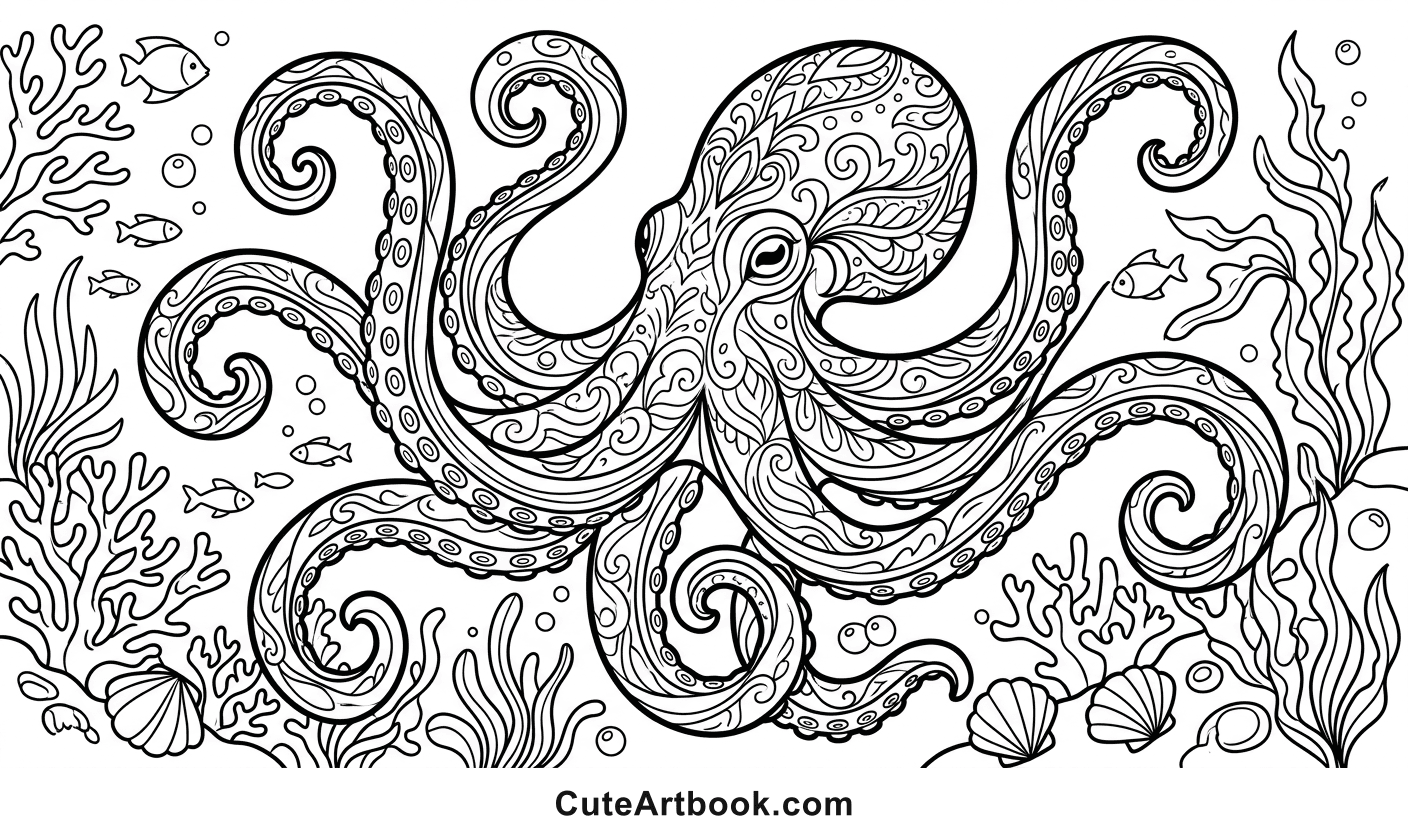 Free printable Octopus coloring page โ black and white line art