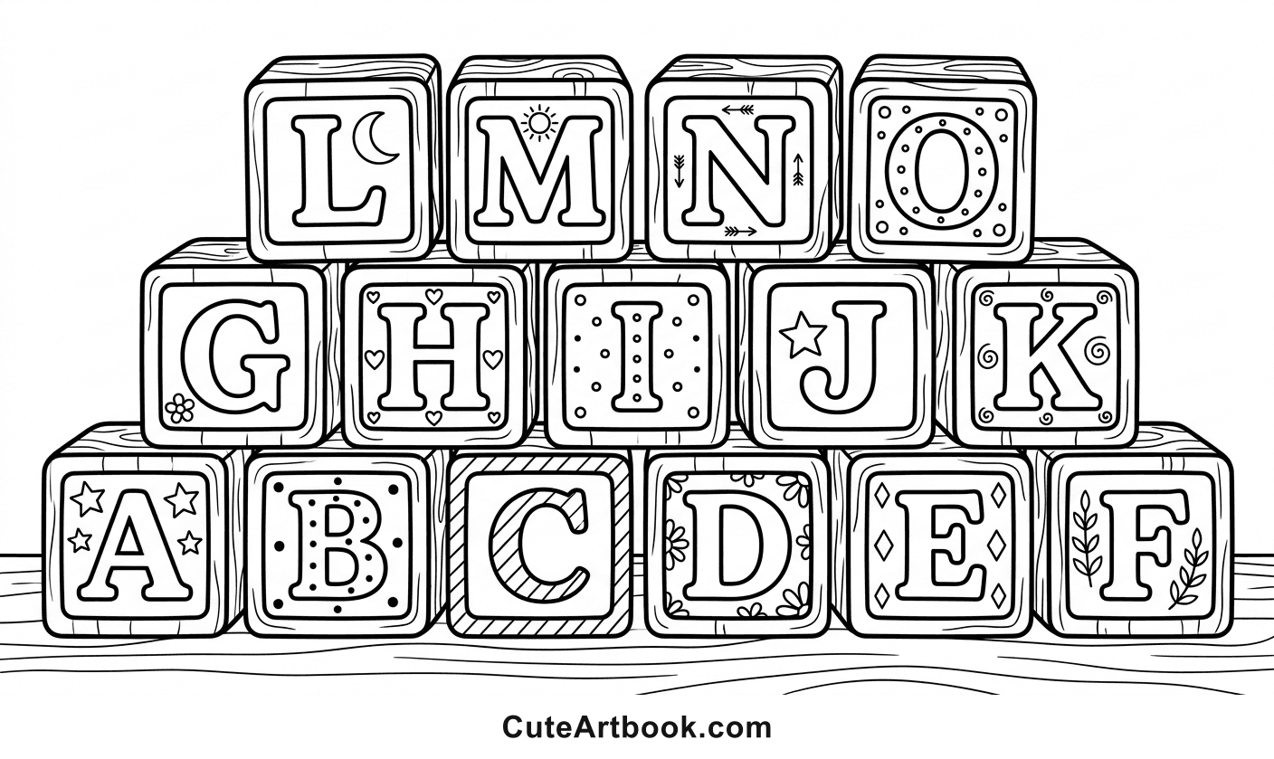 Free printable Alphabet Blocks coloring page โ black and white line art