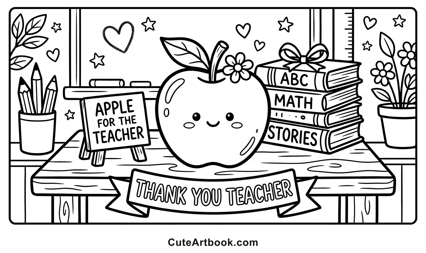 Free printable Apple for the Teacher coloring page โ black and white line art