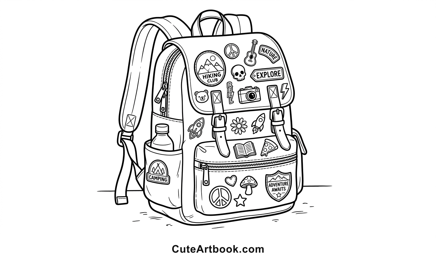 Free printable Backpack with Pins and Patches coloring page โ black and white line art