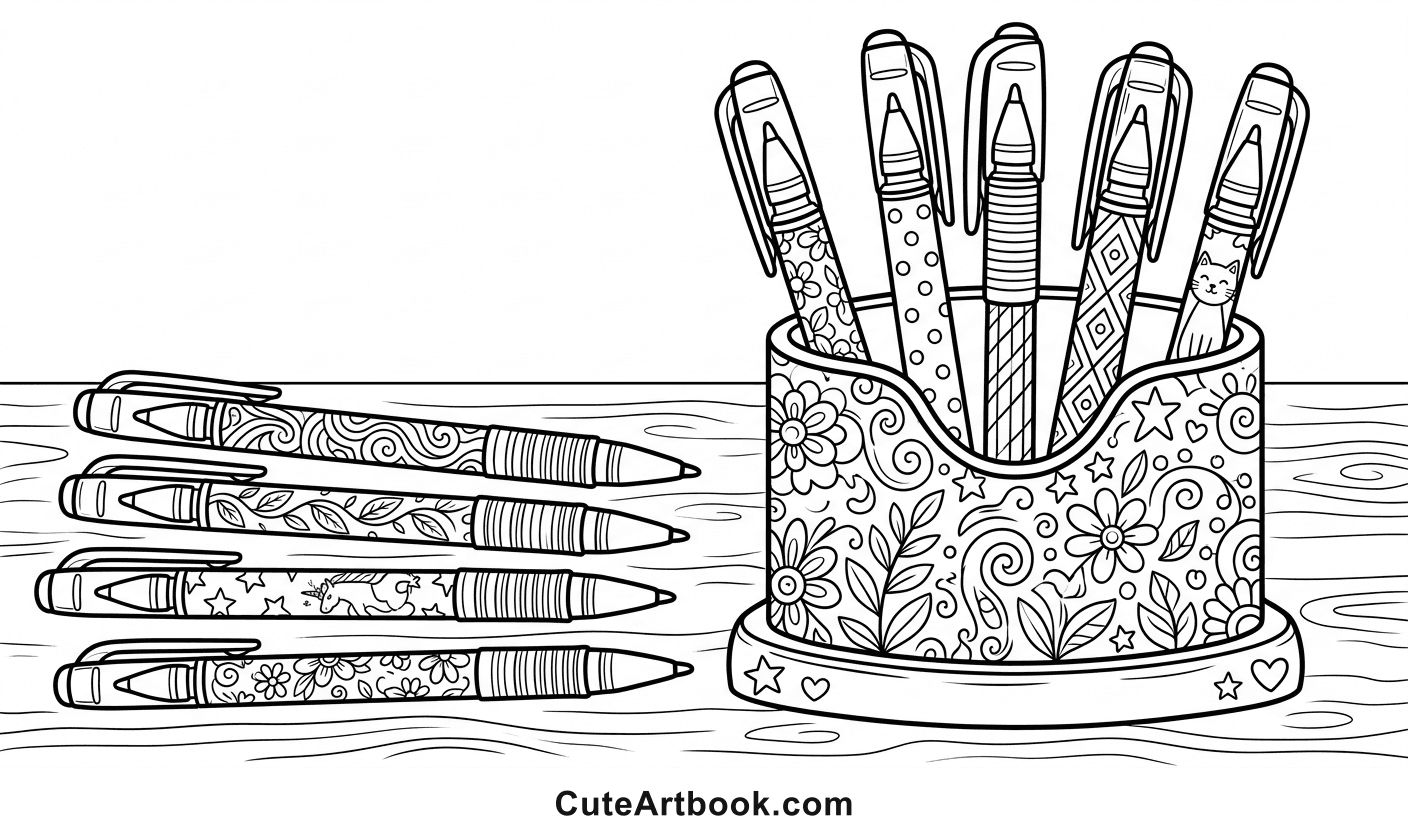 Free printable Gel Pens coloring page โ black and white line art