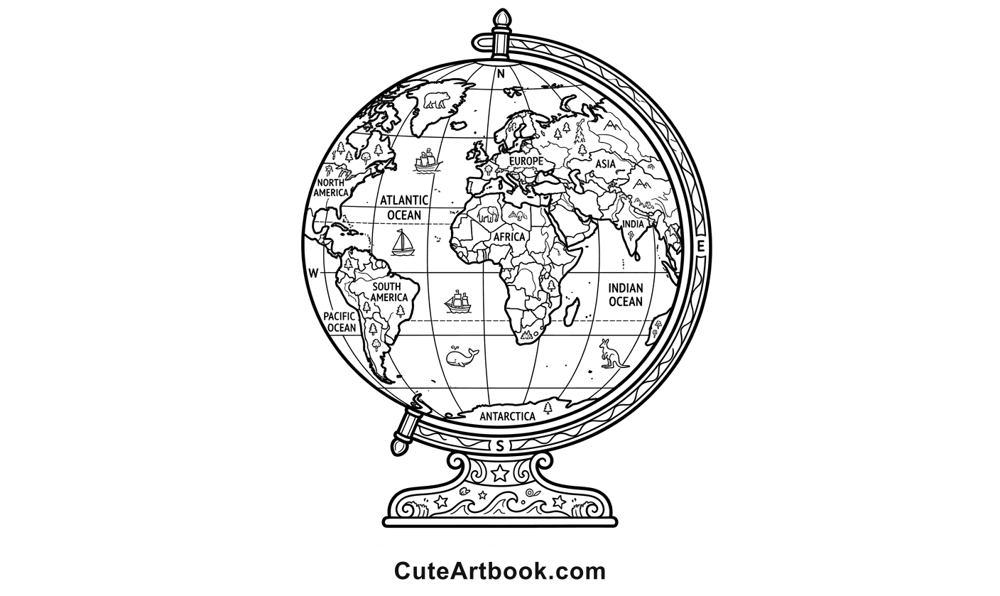 Free printable Globe coloring page โ black and white line art