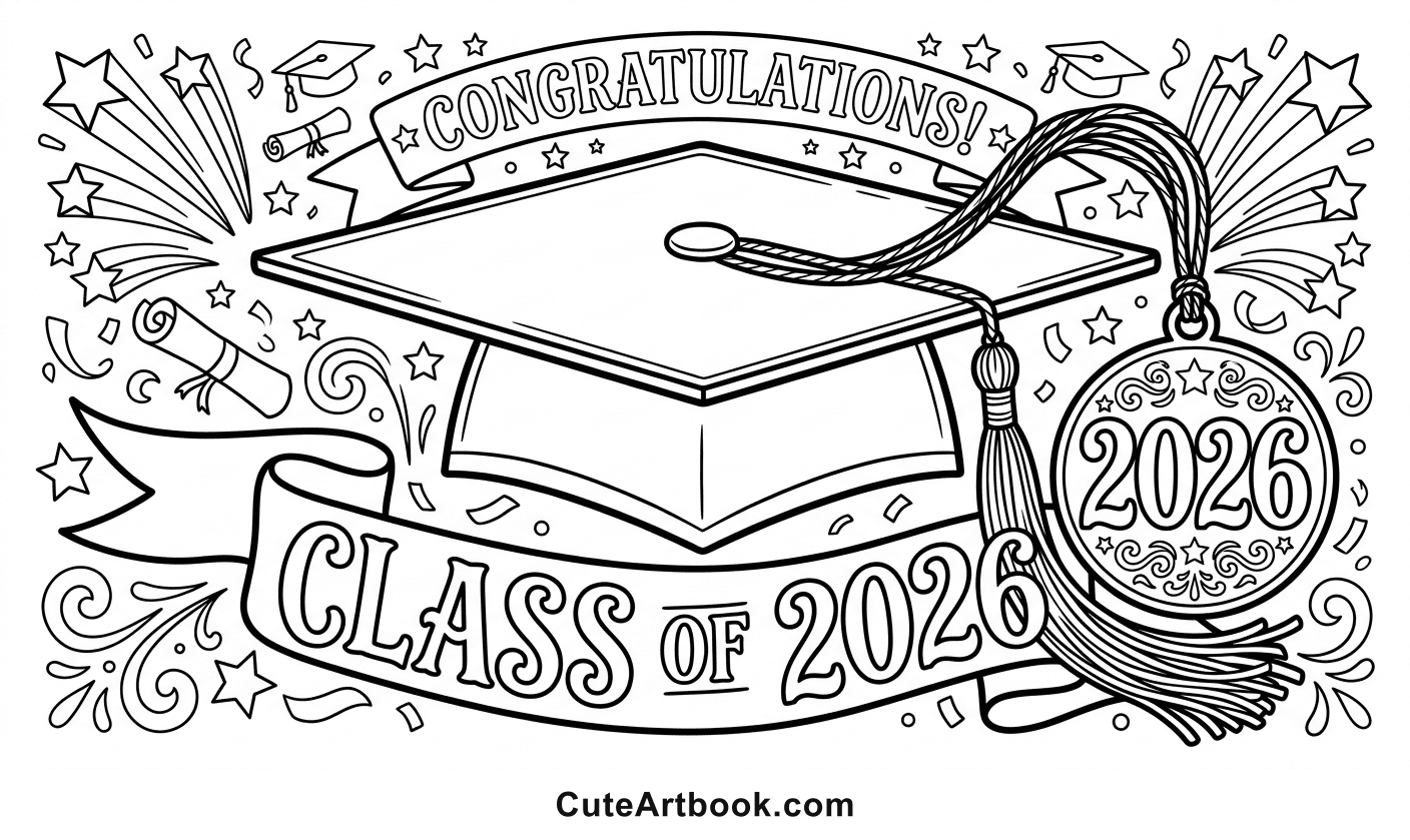 Free printable Graduation Cap coloring page โ black and white line art