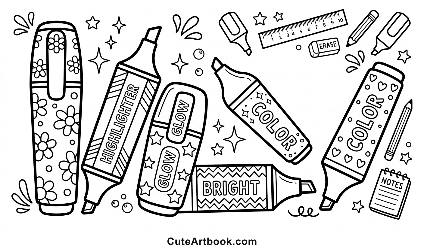 Free printable Highlighters coloring page โ black and white line art