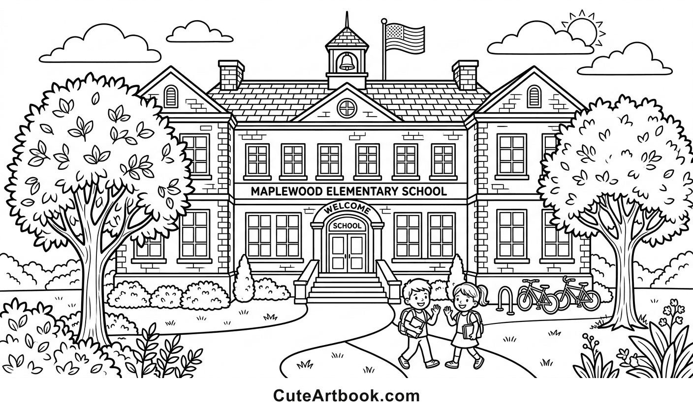Free printable School Building coloring page โ black and white line art
