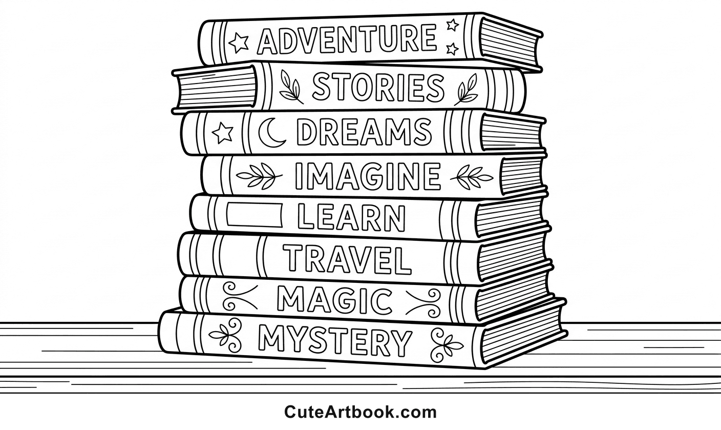 Free printable Stack of Books coloring page โ black and white line art