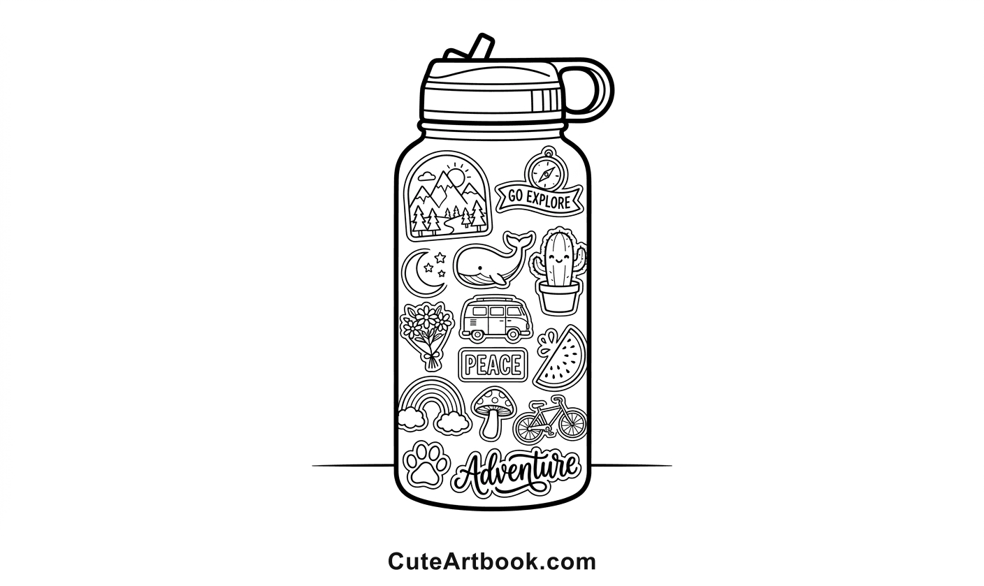 Free printable Water Bottle with Stickers coloring page โ black and white line art