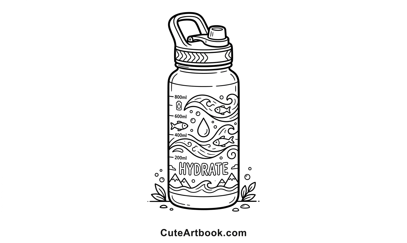 Free printable Water Bottle coloring page โ black and white line art
