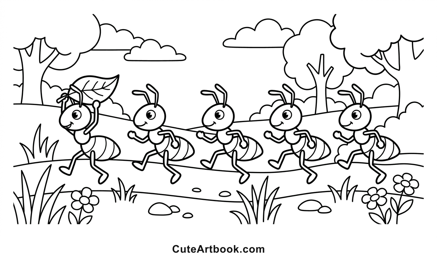 Free printable Ants Marching coloring page โ black and white line art