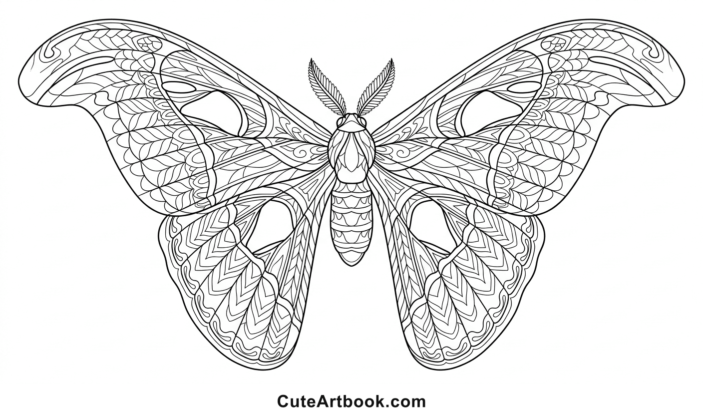 Free printable Atlas Moth coloring page โ black and white line art