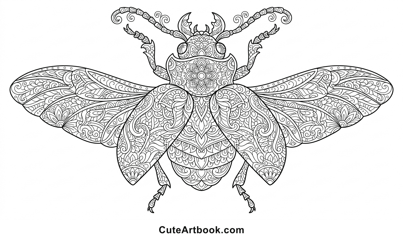 Free printable Beetle Zentangle coloring page โ black and white line art