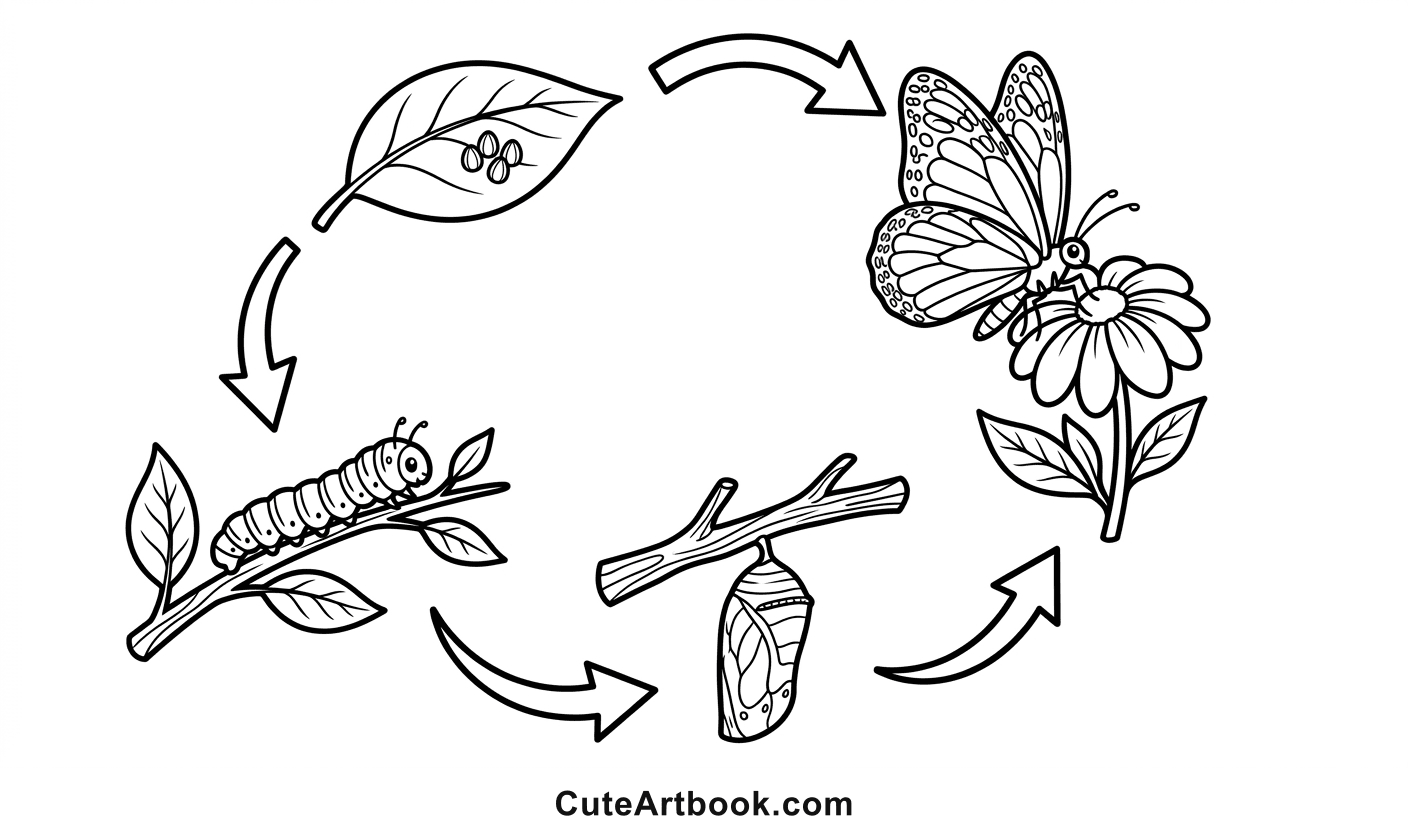 Free printable Butterfly Life Cycle coloring page โ black and white line art