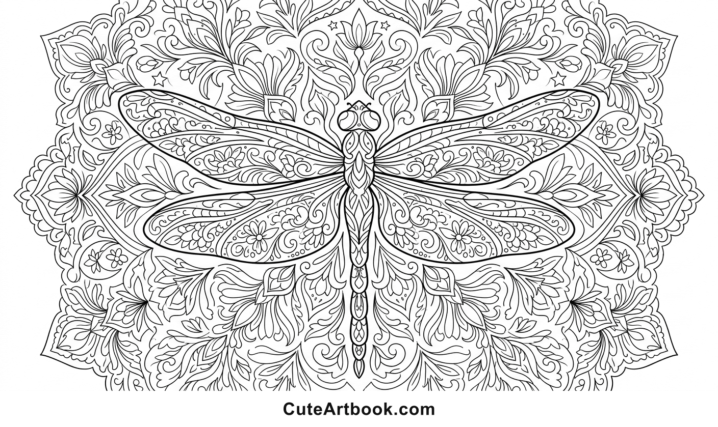 Free printable Dragonfly Mandala coloring page โ black and white line art