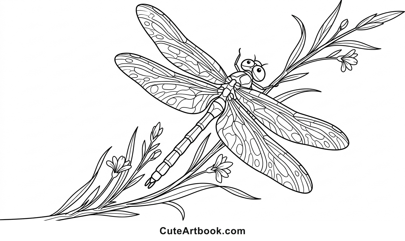 Free printable Dragonfly on a Reed coloring page โ black and white line art