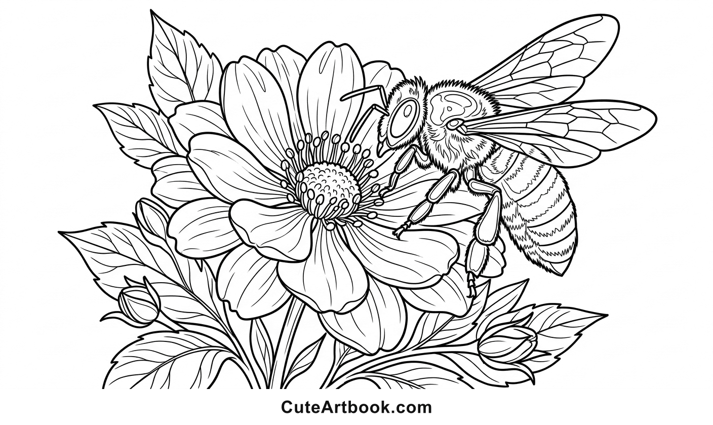 Free printable Honeybee on a Flower coloring page โ black and white line art
