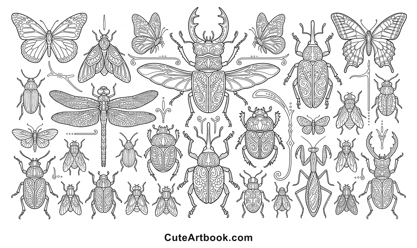 Free printable Insect Specimen Plate coloring page โ black and white line art