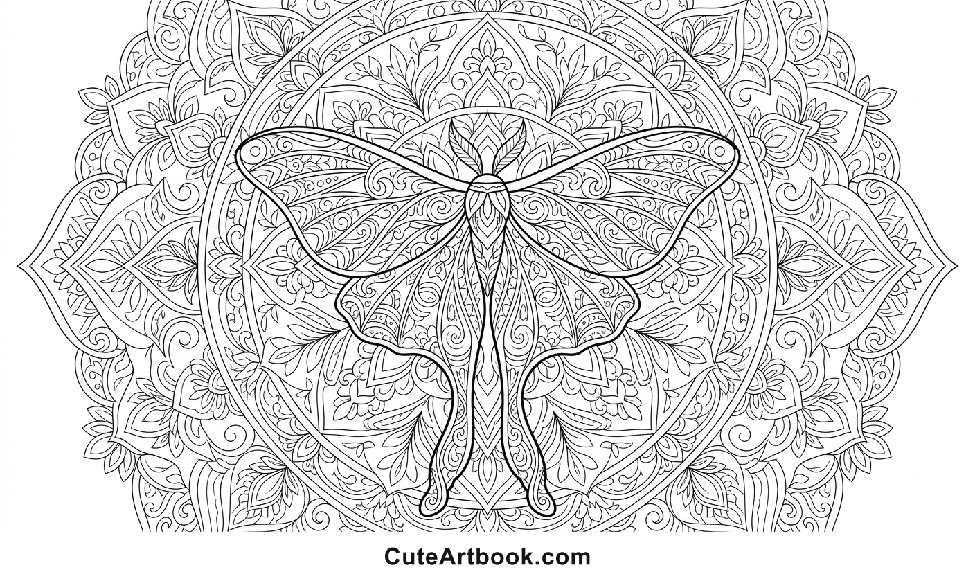 Free printable Luna Moth Mandala coloring page โ black and white line art