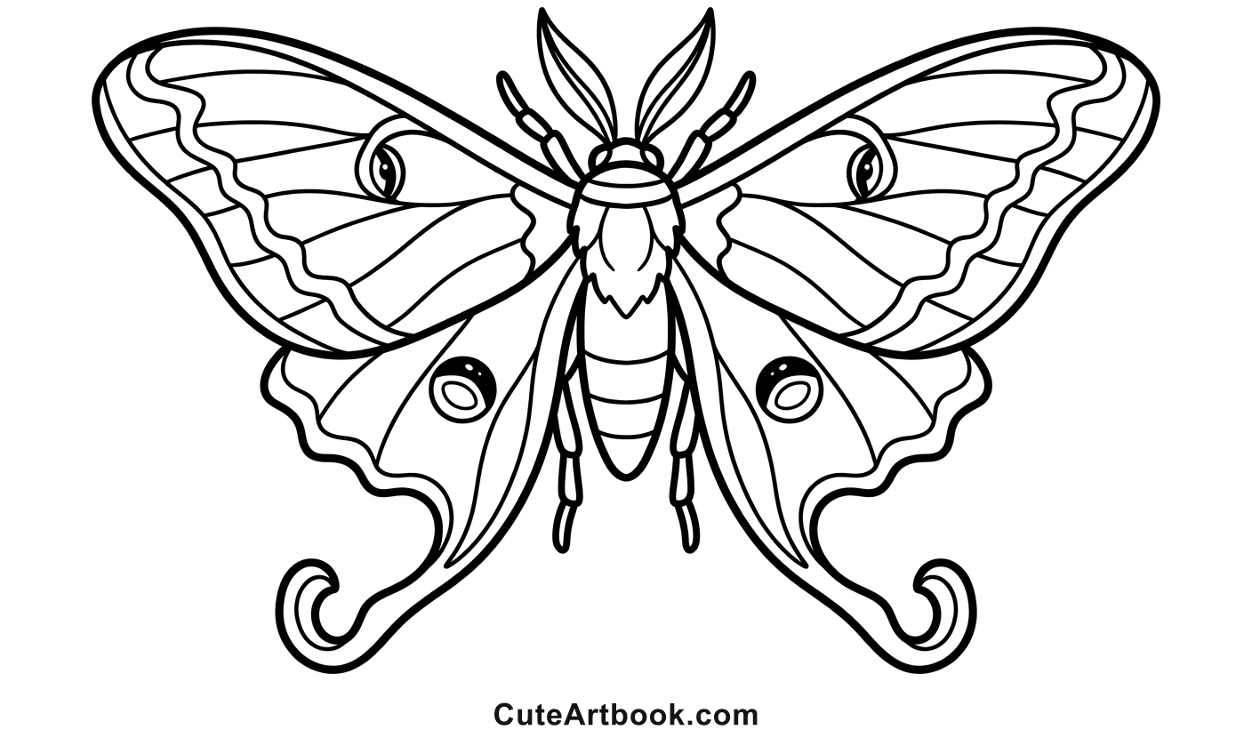 Free printable Luna Moth coloring page โ black and white line art