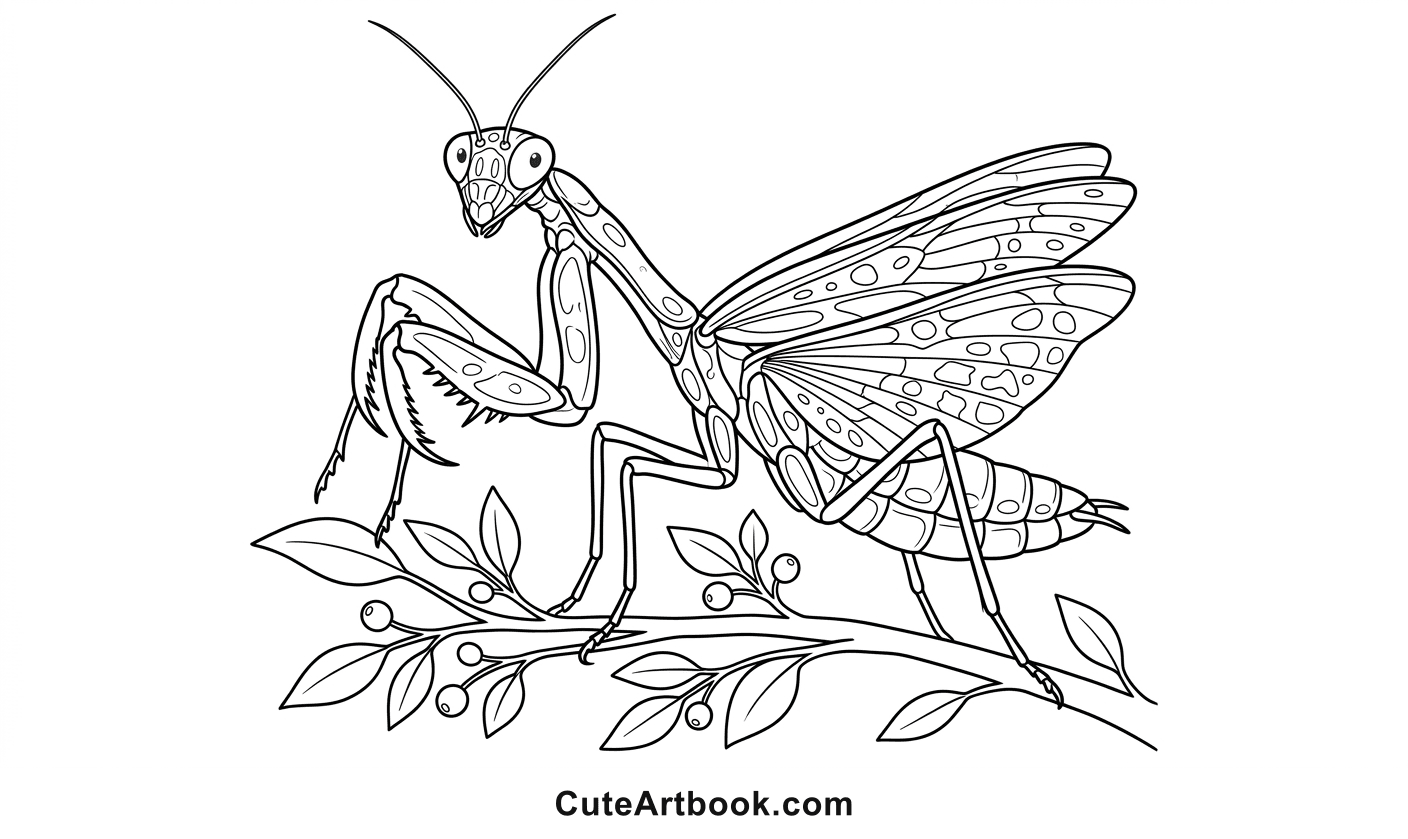 Free printable Praying Mantis coloring page โ black and white line art